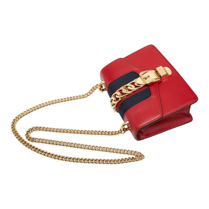 Gucci Sherry Line Sylvie Small Crossbody Chain Shoulder Bag Red Leather