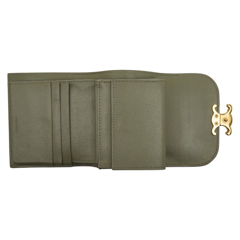 Celine Triomphe Compact Wallet Trifold Wallet Golden Khaki Green Leather