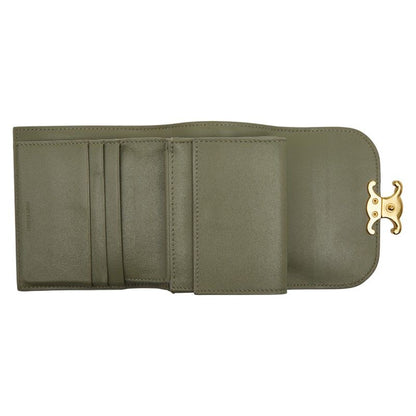 Celine Triomphe Compact Wallet Trifold Wallet Golden Khaki Green Leather