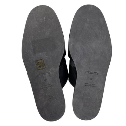 Hermes Motif Mule Sandals Slippers Rat Shoes Black Leather