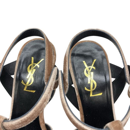 Saint Laurent Tribute Platform Sandals Shoes Leather Velvet Pink Beige