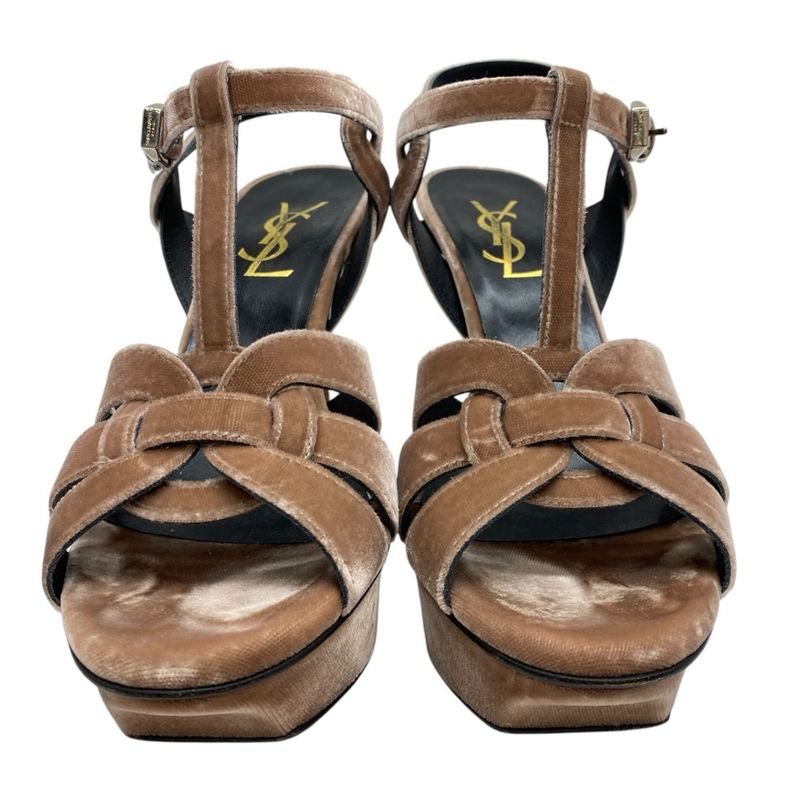 Saint Laurent Tribute Platform Sandals Shoes Leather Velvet Pink Beige