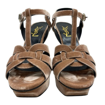 Saint Laurent Tribute Platform Sandals Shoes Leather Velvet Pink Beige