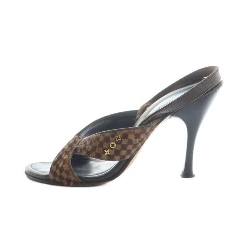 Louis Vuitton Sandals High Heel Leather Logo Pony Hair 36 Brown