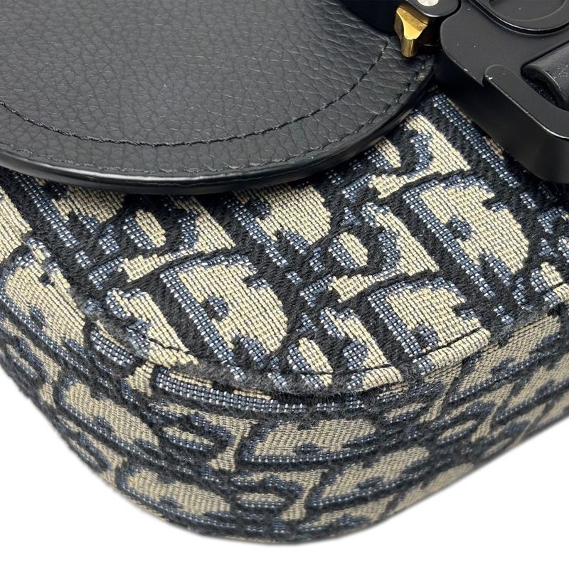 Dior Shoulder Bag Oblique Jacquard Grained Calfskin Saddle with Flap Mini Navy