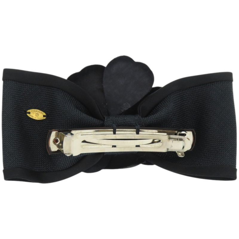 Chanel Ribbon Camellia Canvas Satin Black Barrette