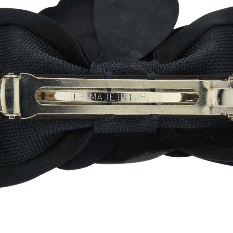 Chanel Ribbon Camellia Canvas Satin Black Barrette