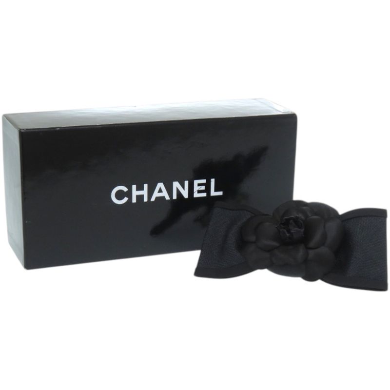 Chanel Ribbon Camellia Canvas Satin Black Barrette