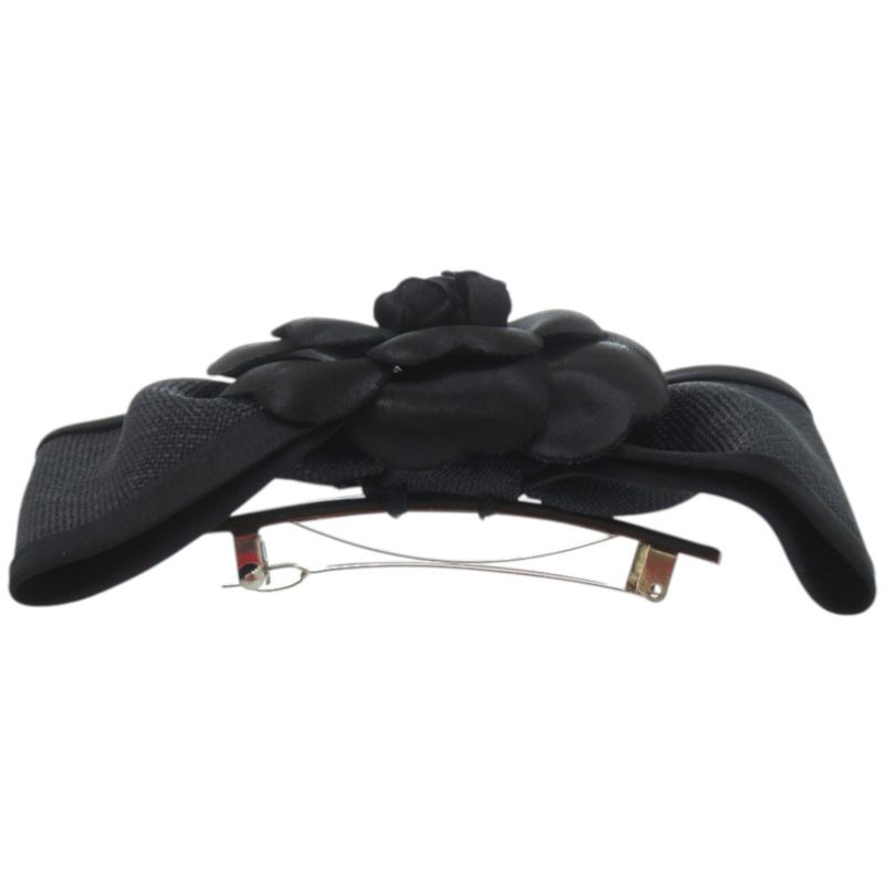 Chanel Ribbon Camellia Canvas Satin Black Barrette