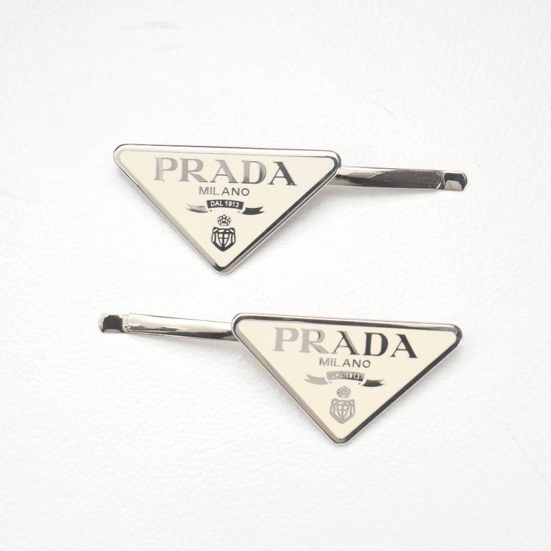 Prada Hair Triangle Logo Metal Hairpin Silver Cream Type