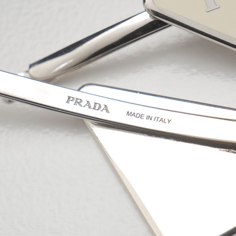 Prada Hair Triangle Logo Metal Hairpin Silver Cream Type