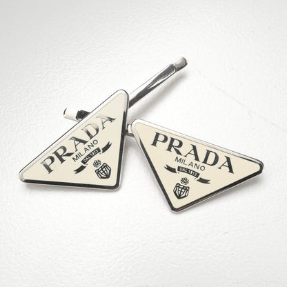 Prada Hair Triangle Logo Metal Hairpin Silver Cream Type