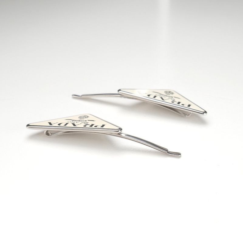 Prada Hair Triangle Logo Metal Hairpin Silver Cream Type