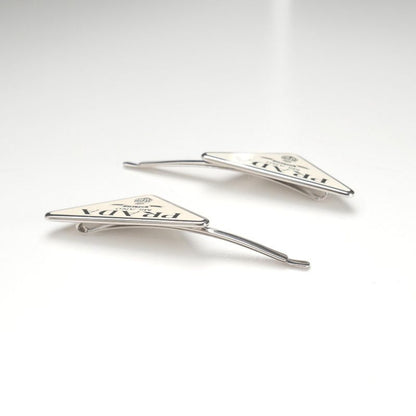 Prada Hair Triangle Logo Metal Hairpin Silver Cream Type