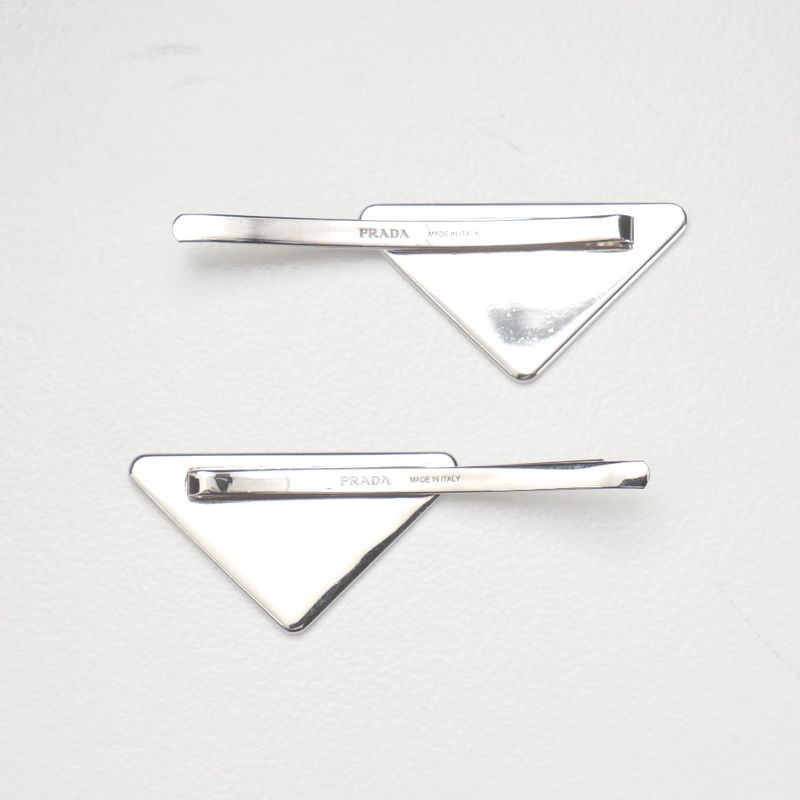 Prada Hair Triangle Logo Metal Hairpin Silver Cream Type