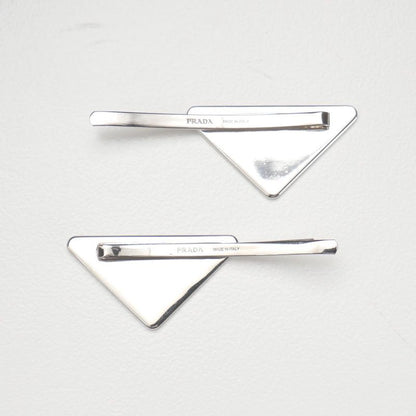 Prada Hair Triangle Logo Metal Hairpin Silver Cream Type