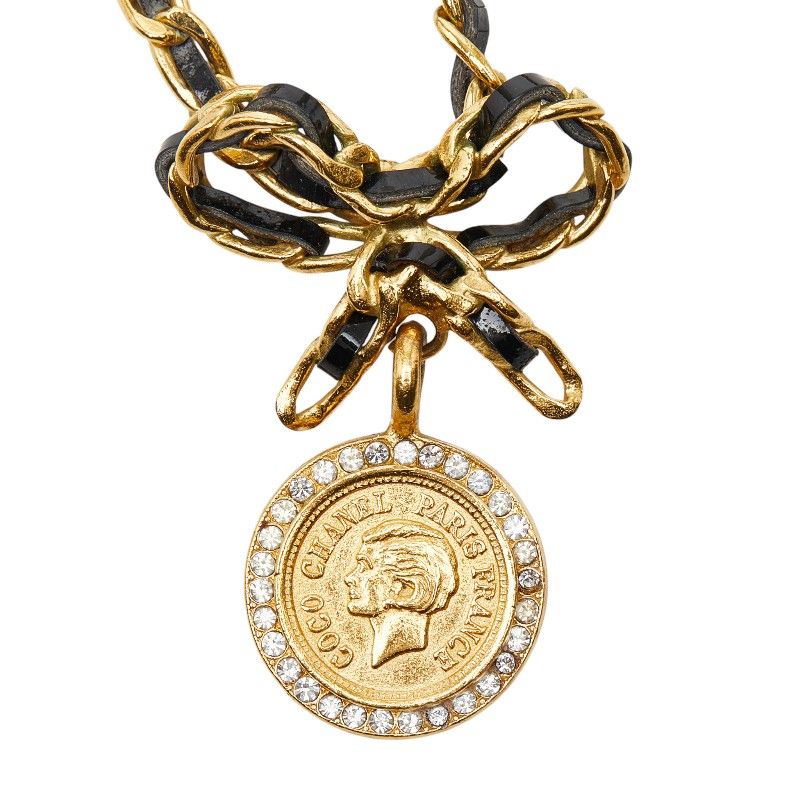 Chanel Vintage Coin Ribbon Gold Black Plated Leather Rhinestone