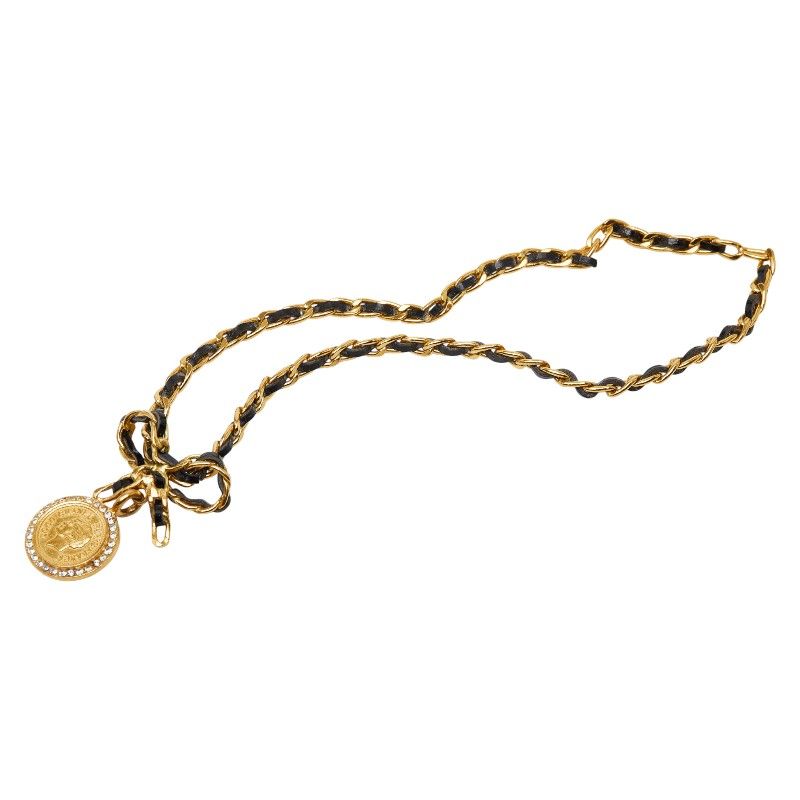 Chanel Vintage Coin Ribbon Gold Black Plated Leather Rhinestone