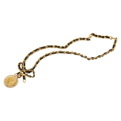 Chanel Vintage Coin Ribbon Gold Black Plated Leather Rhinestone