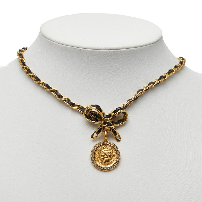 Chanel Vintage Coin Ribbon Gold Black Plated Leather Rhinestone