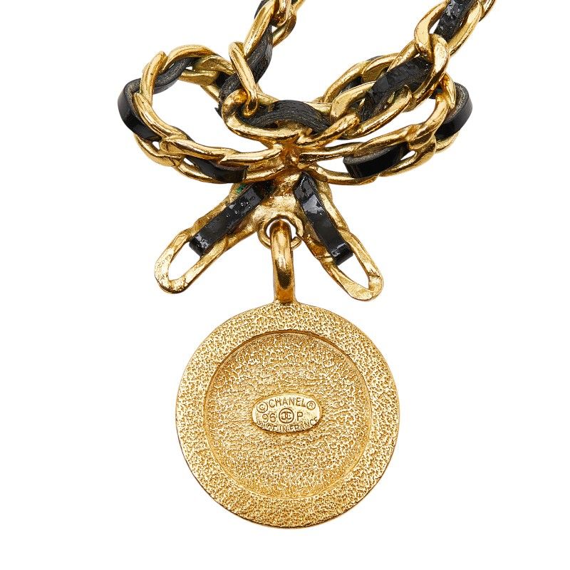 Chanel Vintage Coin Ribbon Gold Black Plated Leather Rhinestone