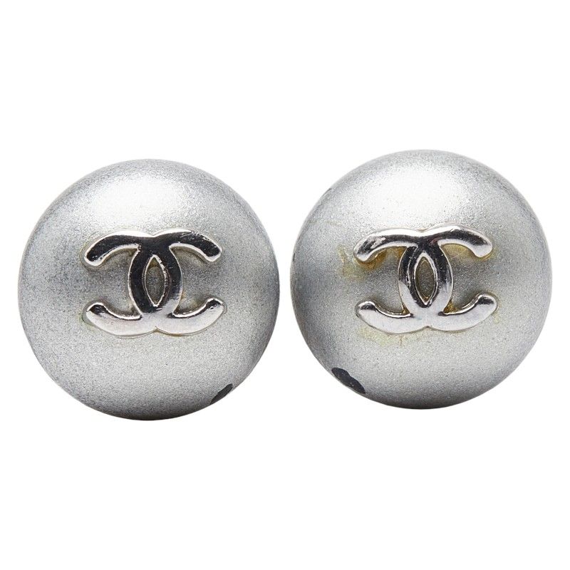 Chanel CC Logo Stud Earrings Silver Plastic Metal