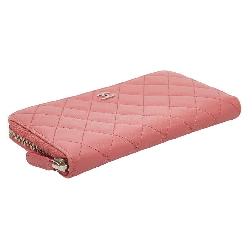 Chanel CC Logo Quilted Zip Around Wallet Pink Lambskin