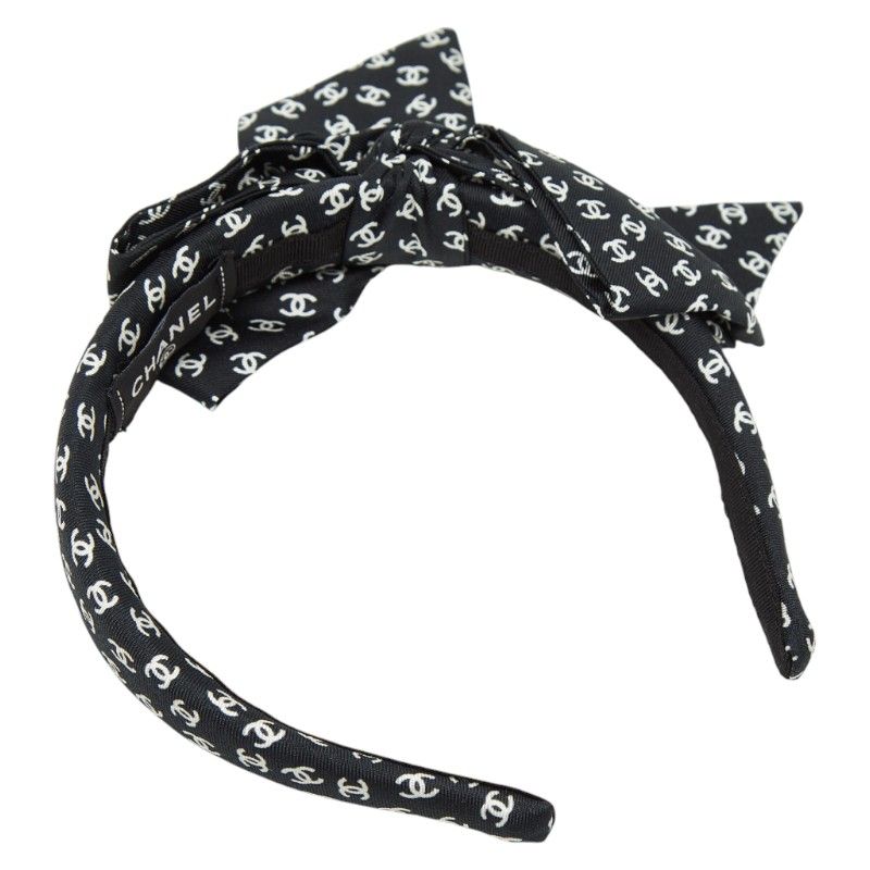 Chanel CC Logo Headband Hair Black White Silk