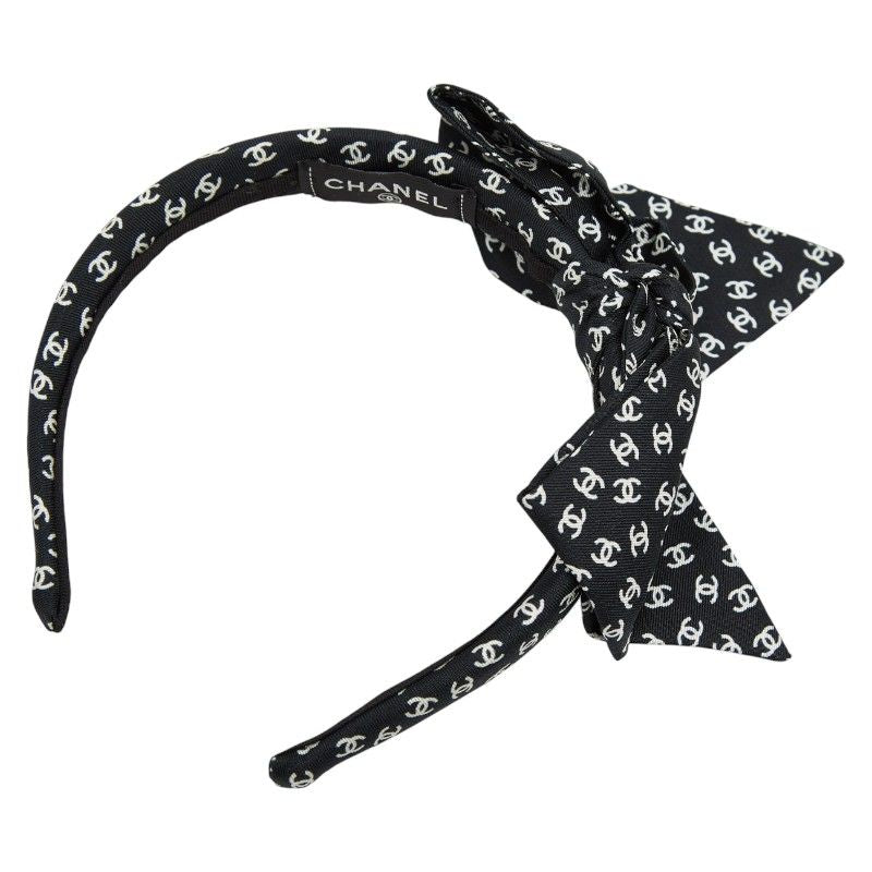 Chanel CC Logo Headband Hair Black White Silk