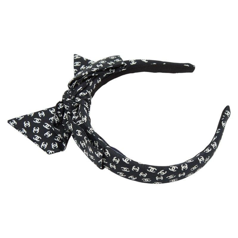 Chanel CC Logo Headband Hair Black White Silk