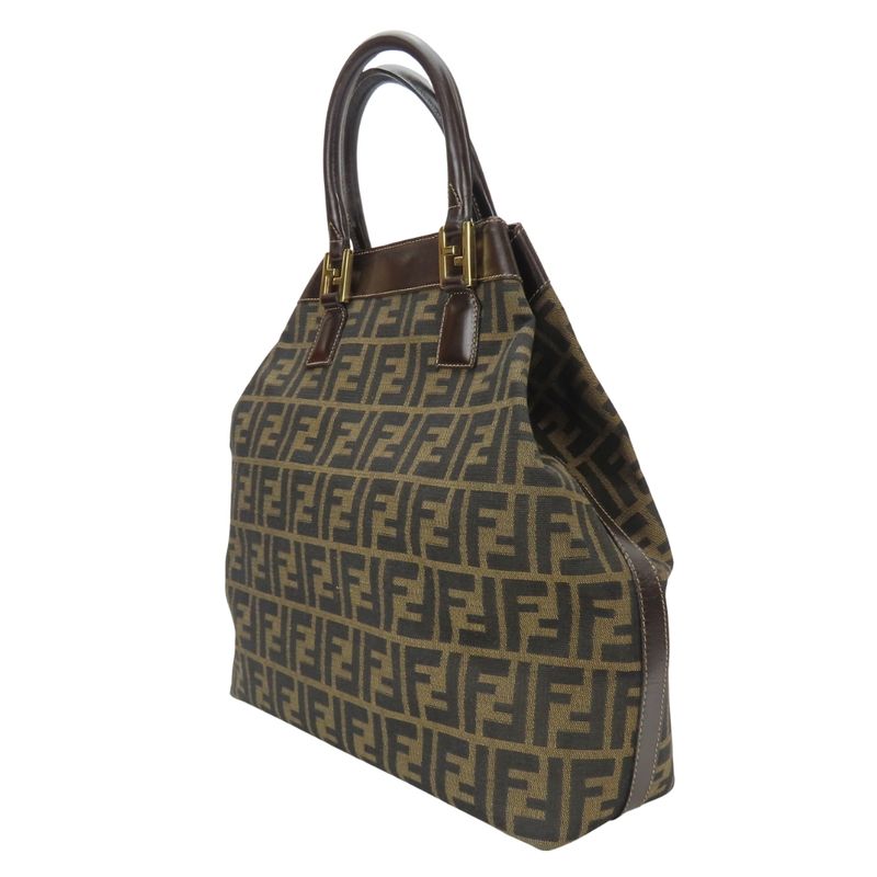 Fendi Tote Zucca Canvas Leather Brown Vertical Shape