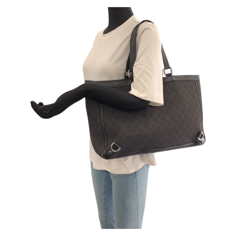 Gucci Abbey Black Silver GG Canvas Leather Tote Shoulder Bag