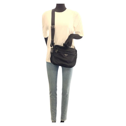 Prada Tessuto Black Silver Nylon Shoulder Bag