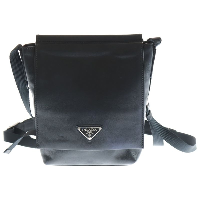 Prada Tessuto Soft Tessuto Triangle Logo Leather Shoulder Bag Black