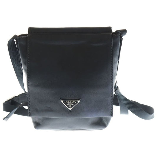 Prada Tessuto Soft Tessuto Triangle Logo Leather Shoulder Bag Black