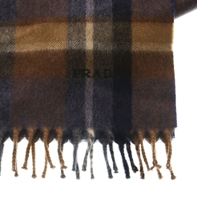 Prada Logo Embroidery Check Muffler Shawl Brown Scarf