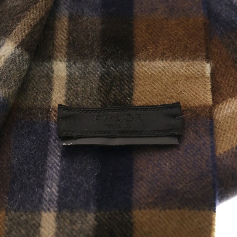 Prada Logo Embroidery Check Muffler Shawl Brown Scarf