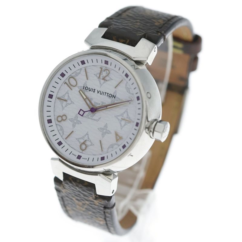 Louis Vuitton Tambour MM Monogram White Dial Ssx Leather QZ Quartz Watch