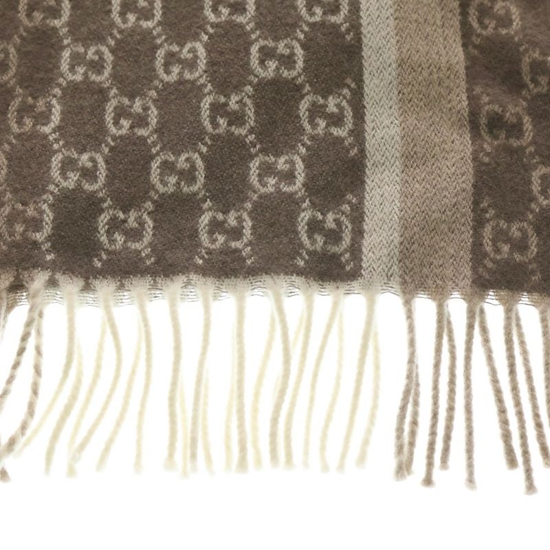 Gucci GG Pattern Wool Fringe Muffler Brown Scarf