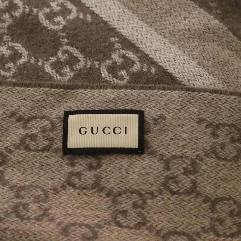 Gucci GG Pattern Wool Fringe Muffler Brown Scarf