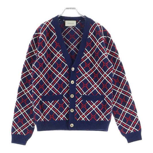 Gucci GG Logo Check All Over Wool Knit Long Sleeve Cardigan Navy Red