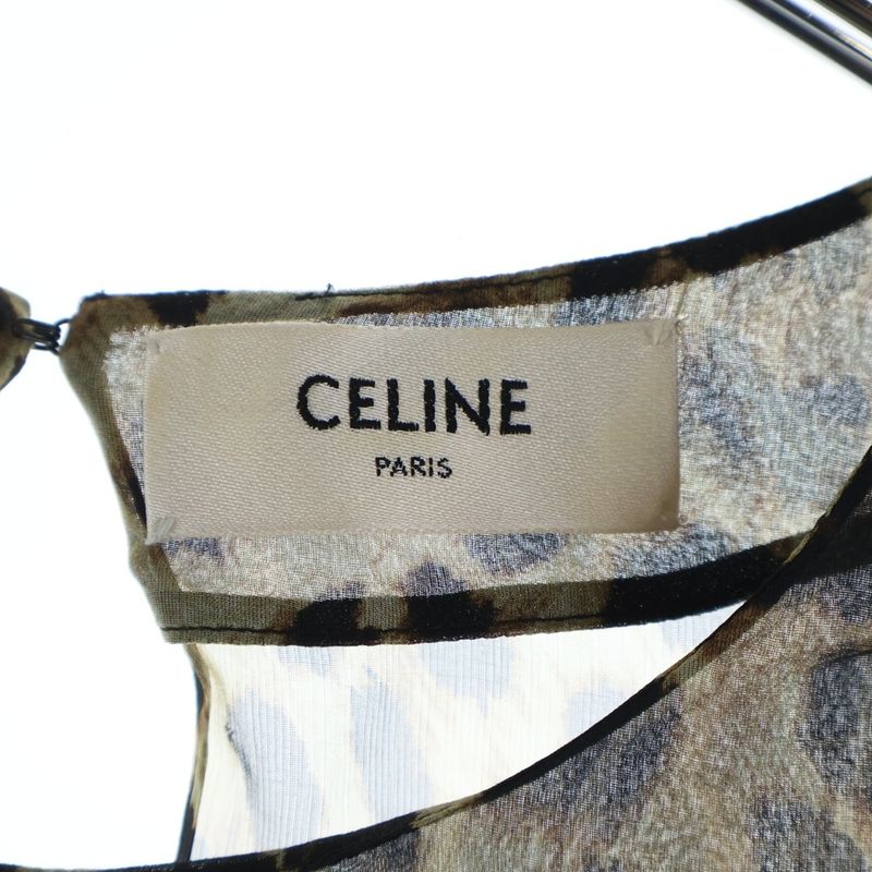 Celine Leopard All Over Pattern Silk Sheath Top Brown