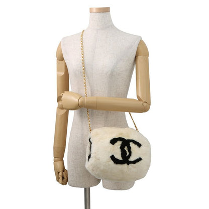Chanel Chain Shoulder Bag Lapin White Fur Arm Woman White Black