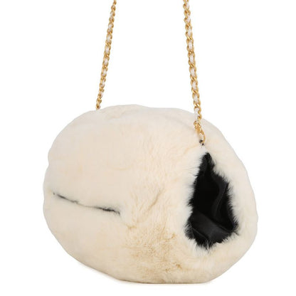 Chanel Chain Shoulder Bag Lapin White Fur Arm Woman White Black