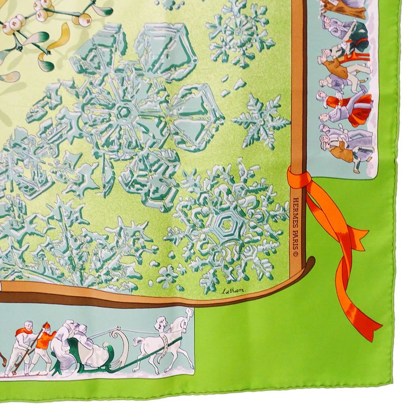 Hermes Scarf Carre 90 Neige D'antan Last Year's Snow Silk Green