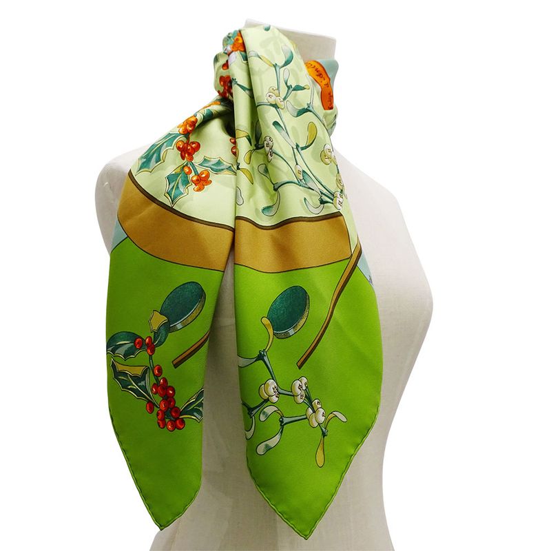 Hermes Scarf Carre 90 Neige D'antan Last Year's Snow Silk Green