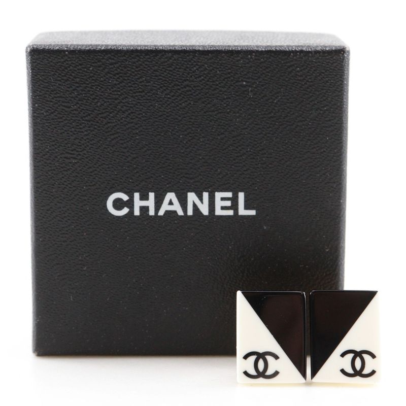 Chanel CC Logo Square Plastic Black White Earrings