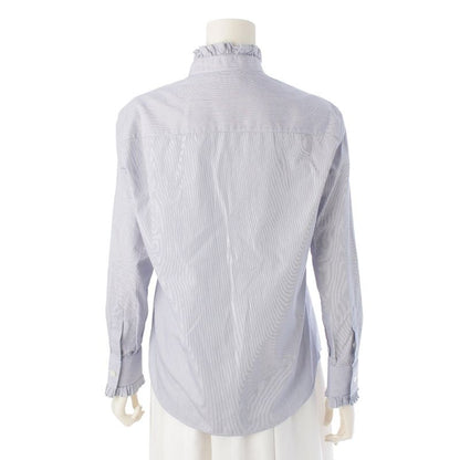 Celine Cotton Ruffle Design Striped Long Sleeve Shirt Top Blue