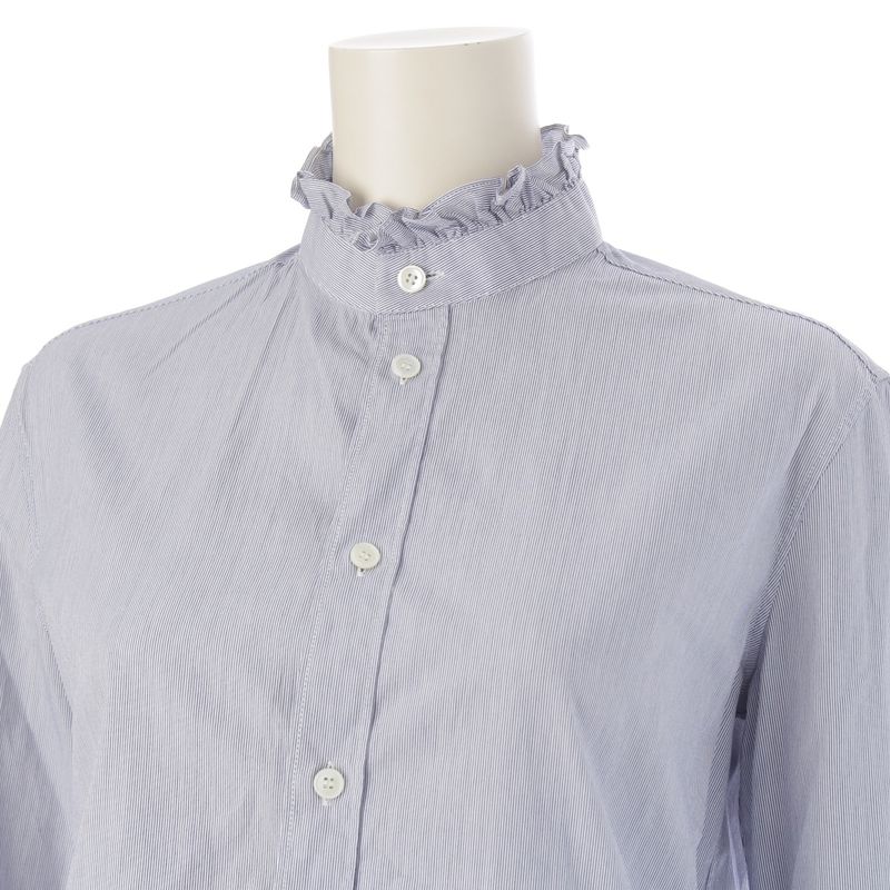 Celine Cotton Ruffle Design Striped Long Sleeve Shirt Top Blue