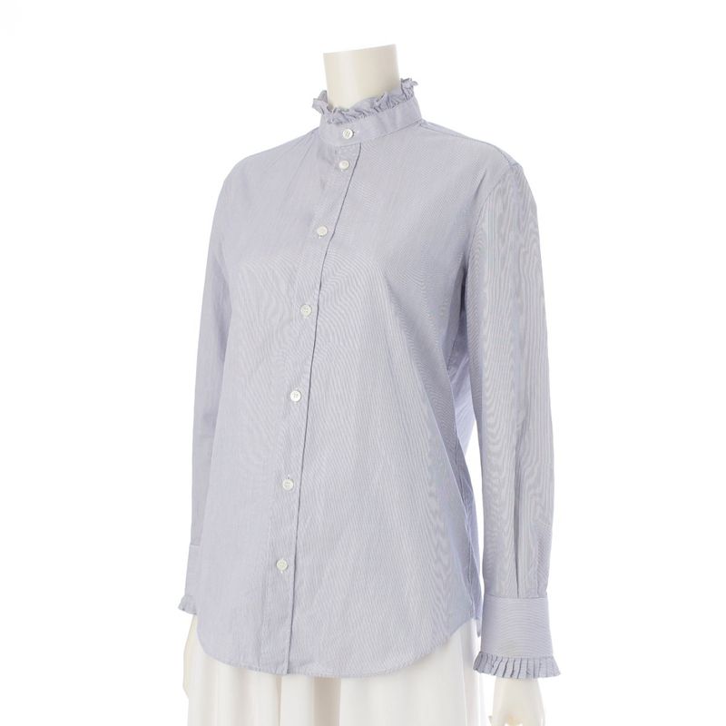 Celine Cotton Ruffle Design Striped Long Sleeve Shirt Top Blue